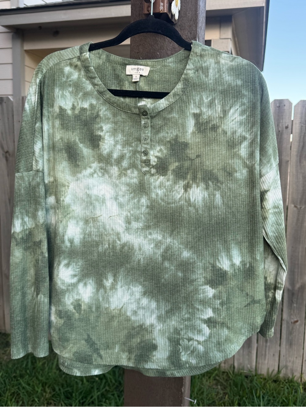 Umgee Olive Green Tie-Dye Ribbed Henley Long Sleeve